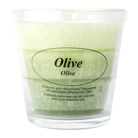 Duftkerze im Glas, Olive, 100% pflanzliches Stearin, KERZENFARM HAHN, mit reinen ätherischen Ölen, Brenndauer ca. 24h