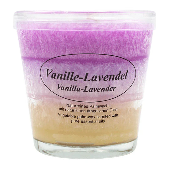 Duftkerze im Glas, Vanille-Lavendel, 100% pflanzliches Stearin, KERZENFARM HAHN, mit reinen ätherischen Ölen, Brenndauer ca. 24h