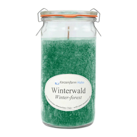 Duftkerze im XL-Weckglas®, Winterwald, 100% pflanzliches Stearin, KERZENFARM HAHN, mit reinen ätherischen Ölen, Brenndauer ca. 40h