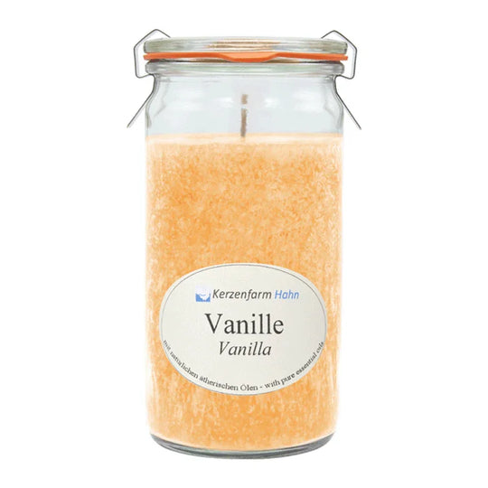 Duftkerze im XL-Weckglas®, Vanille, 100% pflanzliches Stearin, KERZENFARM HAHN, mit reinen ätherischen Ölen, Brenndauer ca. 40h