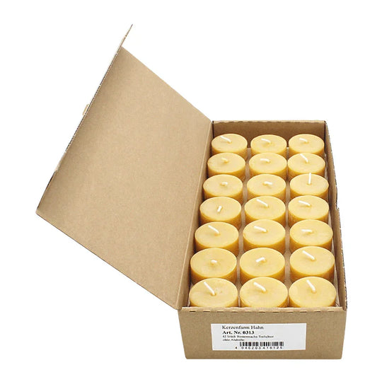 Teelichter, 100% reines Bienenwachs, KERZENFARM HAHN, H18 x Ø40 mm, Brenndauer ca. 3,5h, ohne Aluminiumhülle, 42 Stück