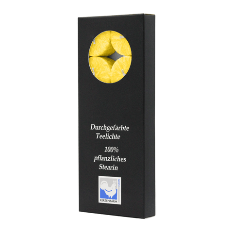 Teelichter aus Stearin, 18/38 mm, Gelb, KERZENFARM HAHN, Brenndauer ca. 4h, 10 Stück pro Verpackung - luterna.de