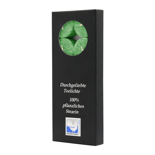Stearin-Teelichte, 18/38 mm, Grün, KERZENFARM HAHN, Brenndauer ca. 4h, 10 Stück pro Verpackung