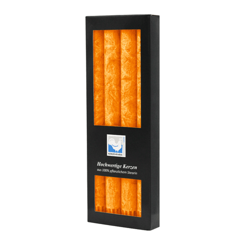 Stabkerzen aus Stearin, 22/250 mm, Orange, KERZENFARM HAHN, Brenndauer ca. 10h, 4 Stück pro Verpackung - luterna.de