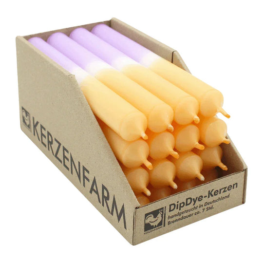 DIP DYE Stabkerzen aus Paraffin, 180/22 mm, Mandarin-Violett, KERZENFARM HAHN, Brenndauer ca. 7h, 16 Stück pro Verpackung