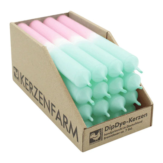 DIP DYE Stabkerzen aus Paraffin, 180/22 mm, Mint-Pastellaltrosa, KERZENFARM HAHN, Brenndauer ca. 7h, 16 Stück pro Verpackung