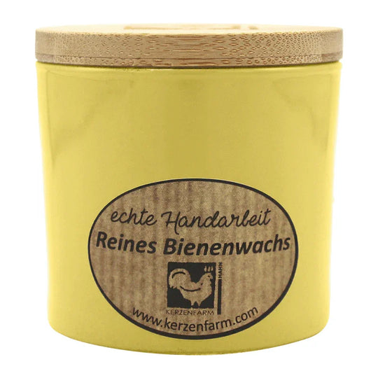 Bienenwachskerze im Glas, Gelb, 100% reines Bienenwachs, KERZENFARM HAHN, 70/70 mm, Brenndauer ca. 17h