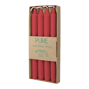 100% PURE, NATURAL WAX, Stabkerzen, Karminrot, WENZEL, 250/23 mm, Brenndauer ca. 10h, plastikfreie Verpackung, 4 Stück