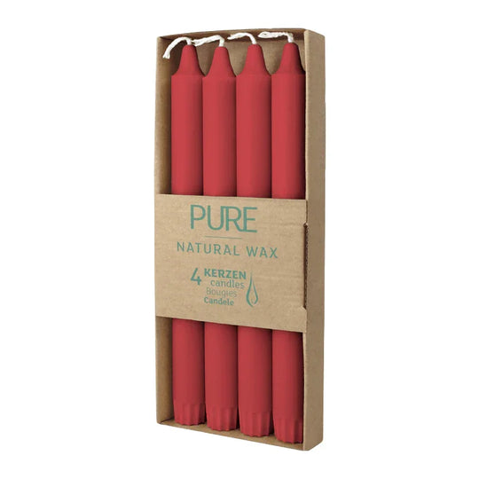PURE NATURAL WAX Stabkerzen, Karminrot, WENZEL, 250/23 mm, Brenndauer ca. 10h, plastikfrei, 4 Stück