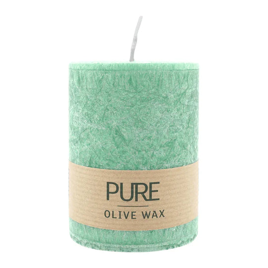 PURE OLIVE WAX, Smaragd, vegane Stumpenkerze, WENZEL, 90/70 mm, Brenndauer ca. 30h