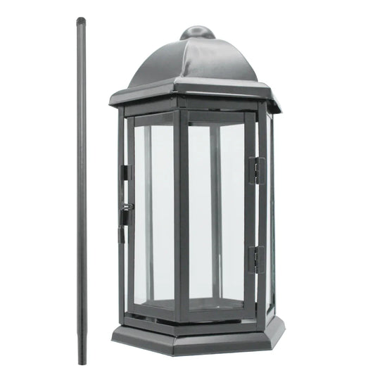 Sechseckige schwarze Stahlblechlaterne mit Erdspieß