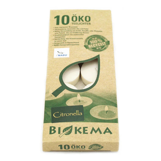 100% ÖKO-TEELICHTER aus regionaler Bio-Masse, Citronella, BIOKEMA, Ø38 mm, Brenndauer ca. 4h, ohne Aluminiumhülle, 10 Stück pro Verpackung