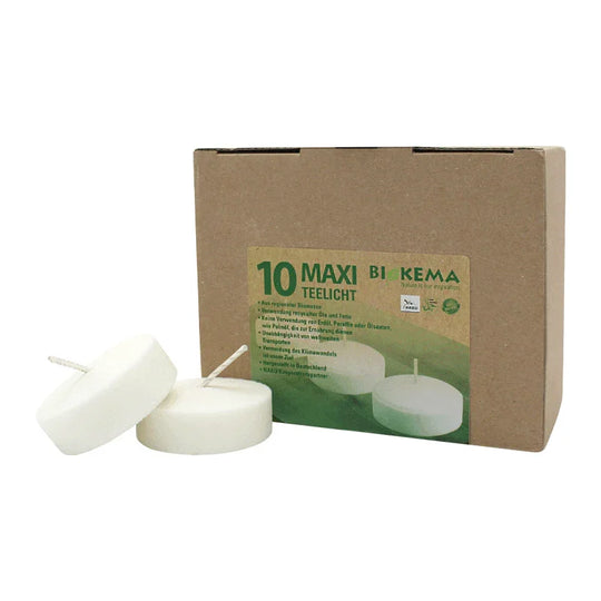 100% ÖKO-MAXI-TEELICHTER aus regionaler Bio-Masse, BIOKEMA, Ø58 mm, Brenndauer ca. 12h, ohne Aluminiumhülle, 10 Stück pro Verpackung