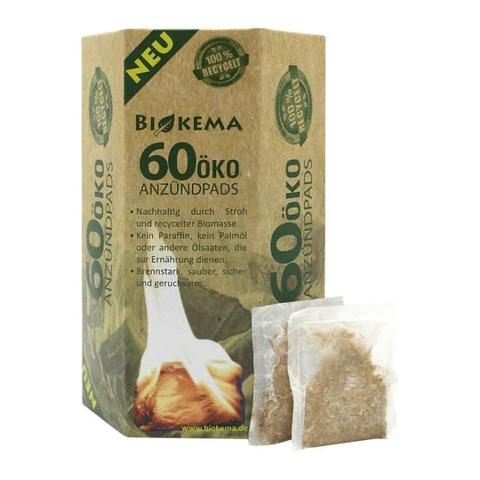 100% ÖKO-Anzündpads, Grill- & Feueranzünder, BIOKEMA, Karton mit 60 Stück, 100% biologisch, komplett nachhaltig