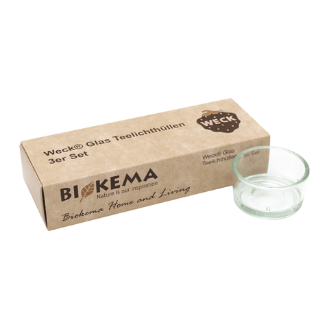 Glas für Teelichter ohne Aluminiumhülle, BIOKEMA, wiederverwendbar, Größe für Teelichter mit Ø38 mm, 3 Stück pro Verpackung - luterna.de