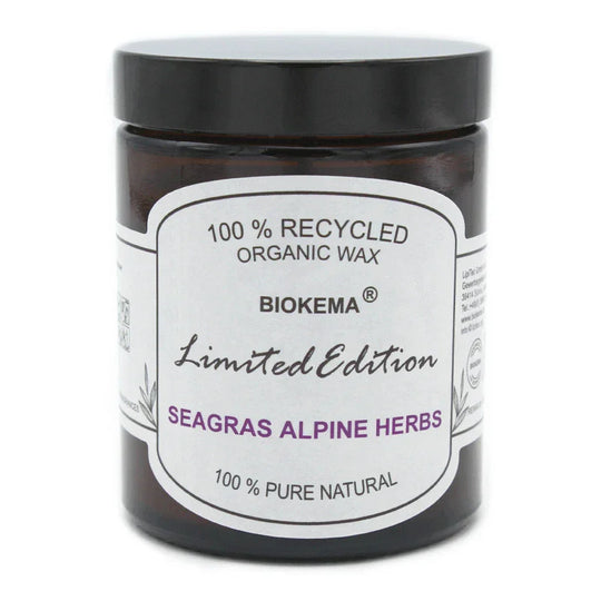 100% ÖKO-Duftkerze im Glas aus regionaler Bio-Masse, Seagras Alpine Herbs, BIOKEMA, mit Schraubdeckel, 80/65 mm, 180 ml, Brenndauer ca. 28h