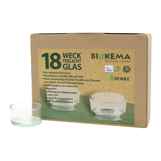 Glas für Teelichter ohne Aluminiumhülle, BIOKEMA, wiederverwendbar, Größe für Teelichter mit Ø38 mm, 18 Stück pro Verpackung