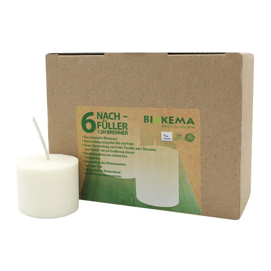 100% ÖKO-Nachfüll-Teelicht aus regionaler Bio-Masse, BIOKEMA, 48/40 mm, Brenndauer ca. 12h, ohne Aluminiumhülle, 6 Stück pro Verpackung