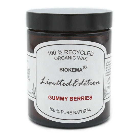 100% ÖKO-Duftkerze im Glas aus regionaler Bio-Masse, Gummy Berries, BIOKEMA, mit Schraubdeckel, 80/65 mm, 180 ml, Brenndauer ca. 28h