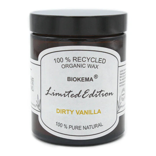 100% ÖKO-Duftkerze im Glas aus regionaler Bio-Masse, Dirty Vanilla, BIOKEMA, mit Schraubdeckel, 80/65 mm, 180 ml, Brenndauer ca. 28h
