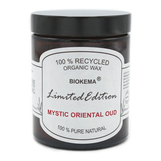 100% ÖKO-Duftkerze im Glas aus regionaler Bio-Masse, Mystic Oriental Oud, BIOKEMA, mit Schraubdeckel, 80/65 mm, 180 ml, Brenndauer ca. 28h