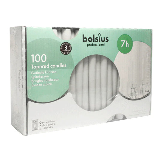 Spitzkerzen, Weiß, BOLSIUS, 23/240 mm, Brenndauer ca. 7h, Box mit 100 Stück