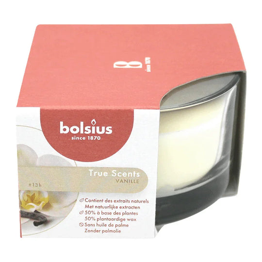 TRUE SCENTS, Duftkerze im Glas, flach, Vanille, BOLSIUS, 50/80 mm, Brenndauer ca. 13h