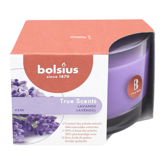 TRUE SCENTS, Duftkerze im Glas, medium, Französischer Lavendel, BOLSIUS, 63/90 mm, Brenndauer ca. 24h