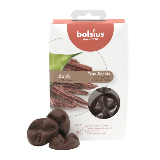 TRUE SCENTS WAX MELTS, Oud Wood, Duftschmelzblüten von BOLSIUS, Duftdauer ca. 25h, 6 Stück pro Verpackung, Raumduft