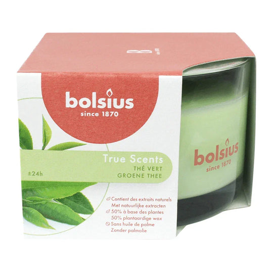 TRUE SCENTS, Duftkerze im Glas, medium, Green Tea, Grüner Tee, BOLSIUS, 63/90 mm, Brenndauer ca. 24h