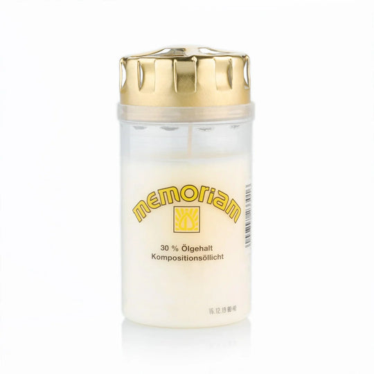 MEMORIAM-Kompositionsöllicht mit Golddeckel, Weiß, Nr. 233, AETERNA, Brenndauer ca. 2.5 Tage, 125/60 mm, Karton mit 20 Stück