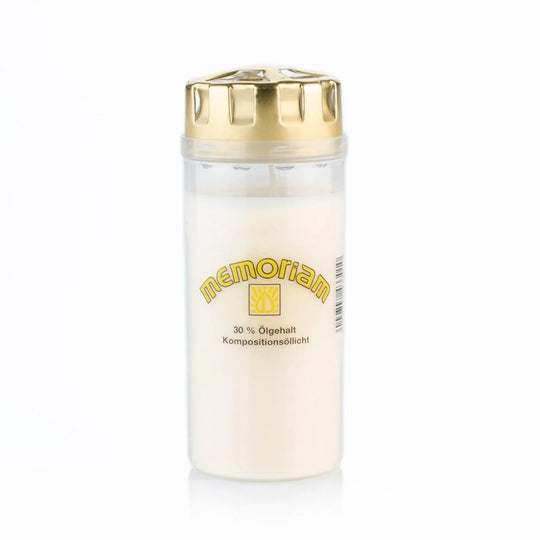 MEMORIAM-Kompositionsöllicht mit Golddeckel, Weiß, Nr. 433, AETERNA, Brenndauer ca. 4 Tage, 161/61 mm, Karton mit 20 Stück