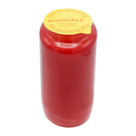 MONULUX-Glasöllicht, 100% reines Pflanzenöl, Rot, Brenndauer ca. 120 Stunden, 140/65 mm, Karton mit 20 Stück